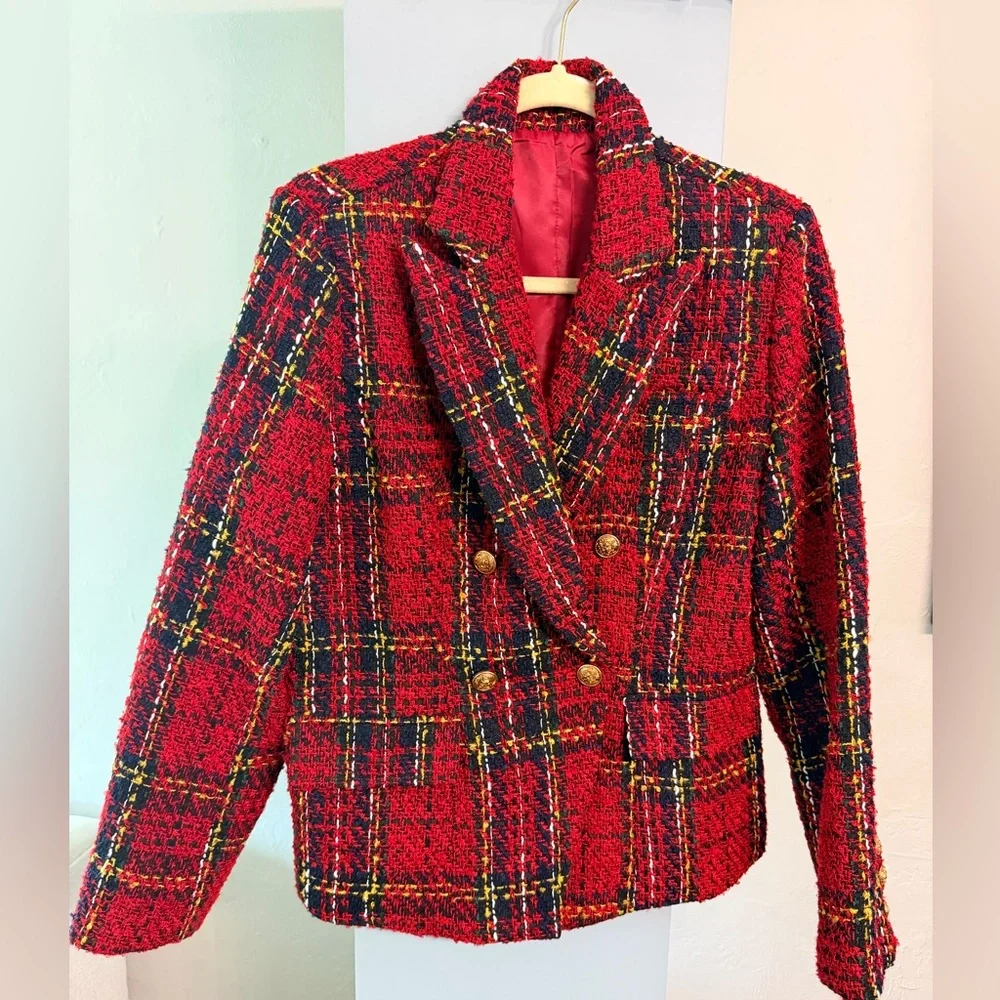 Red Plaid Tweed Double-Breasted Women's Blazer Jacket Sz Large large - Picture 2 of 5